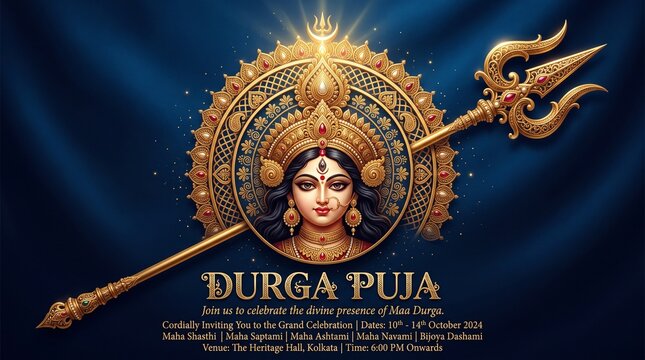 Durga puja celebration invitation card with goddess durga and trishul