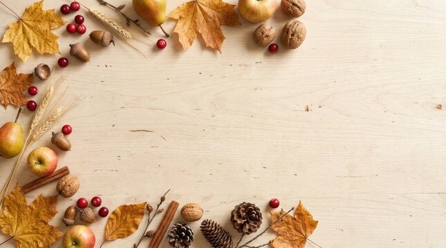 Autumnal food background with fruits and nuts on wooden surface for seasonal thanksgiving greeting cards menu decoration.