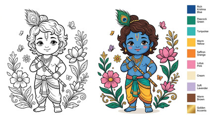 Fototapeta premium Cute Little Krishna Playing with Flowers Coloring Page and Colorful Reference Illustration