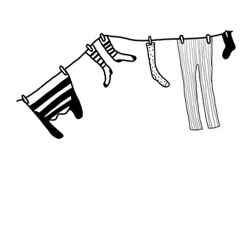 Cute hand drawn clothesline with hanging laundry doodle isolated on transparent background. Washing clothes drying line art vector illustration.