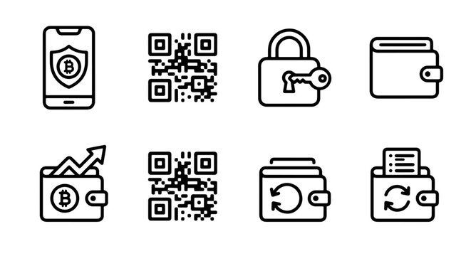 Digital Wallet Icons, Bitcoin Security, QR Code Scan, Financial Lock, Cryptocurrency Transactions