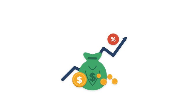 Financial growth and tax workflow ecosystem with money bag, rising arrow, and interest percentage for investment analysis