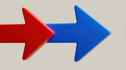 Plakat Sharp red arrow hits blue arrow on plain background. Red direction strikes blue symbol creating impact, conflict. Abstract graphic design shows opposition, movement clash between two elements.