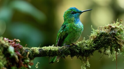 Obraz premium Close-up of vibrant green hummingbird perched on mossy branch in tropical forest with detailed feathers and natural blurred background