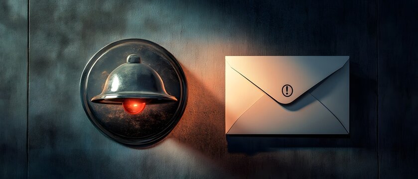 Vintage alarm bell with glowing red light and urgent envelope