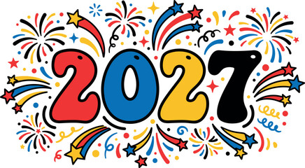 Fototapeta premium Colorful illustration of the year 2027 surrounded by festive fireworks and celebratory stars