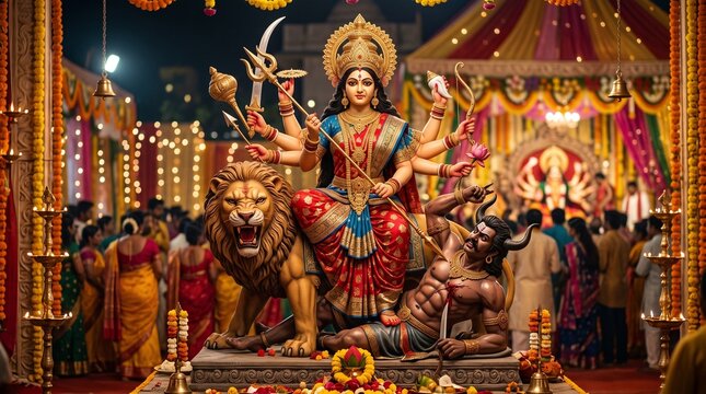 Goddess durga idol with devotees in a festive durga puja pandal