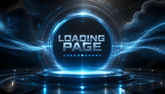 Futuristic digital loading screen with glowing blue energy portal and circular interface elements