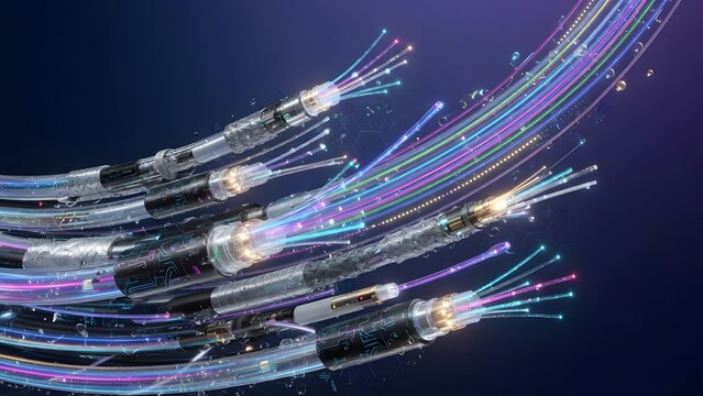 Fiber optic cables with glowing light trails form a futuristic network illustration optics lightwave data