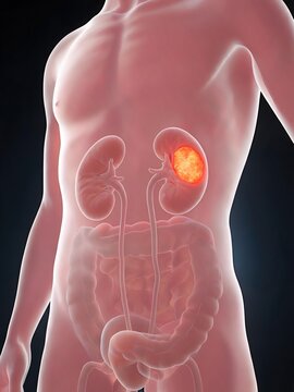 Renal Cell Carcinoma 3D medical illustration displaying malignant tumor lesion within human kidney anatomy