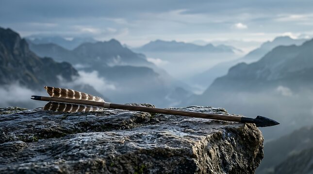 An arrow resting on a rocky cliff top overlooking a misty mountain landscape at dawn for archery and wilderness themes