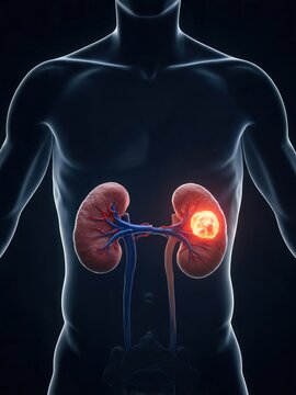 Renal Cell Carcinoma 3D medical illustration displaying malignant tumor lesion within human kidney anatomy