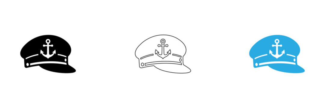 Three navy captain hats with anchors isolated on transparent background, Vector