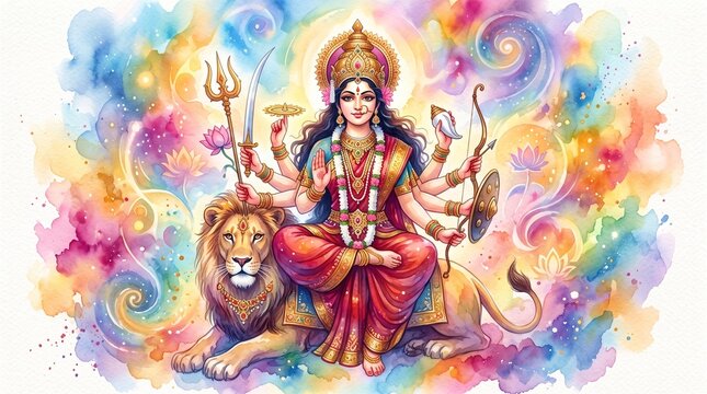 Goddess durga riding a lion, vibrant watercolor art