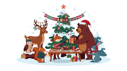 Fototapeta premium Cute forest animals celebrating Christmas together