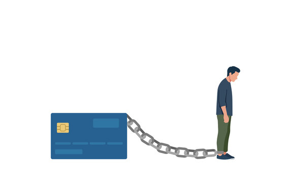 Man chained to a large credit card, representing financial burden. Flat vector illustration concept of credit card debt, financial trap, loan addiction, bankruptcy, and economic slavery.