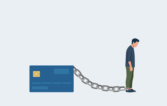 Man chained to a large credit card, representing financial burden. Flat vector illustration concept of credit card debt, financial trap, loan addiction, bankruptcy, and economic slavery.