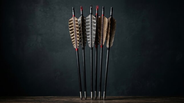 A detailed close-up of a bundle of handmade hunting arrow gear featuring traditional feathered fletching and sharp tips