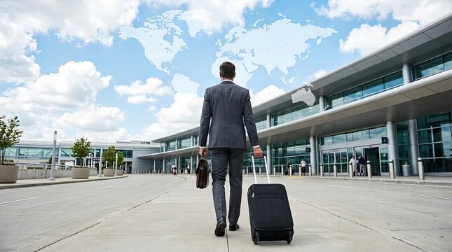Businessman walking with suitcase toward airport terminal for business trip business businessman terminal suitcase