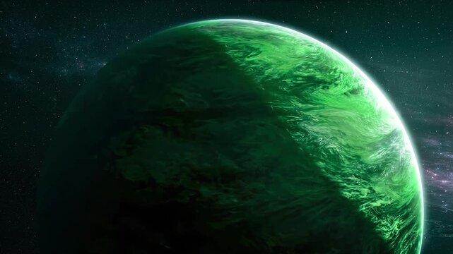 Glowing green alien planet with a textured surface and mysterious atmosphere, floating in deep outer space. 4K Video.