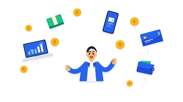Vector Illustration of Modern Financial and Payroll Management System with Man Juggling Money, Coins, and Cards
