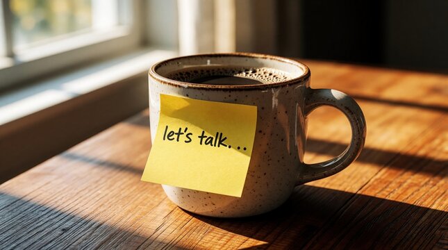 Coffee mug with lets talk note on wooden table. Sunlight streams through window creating shadows. A warm invitation for a conversation or discussion. Represents connection. It is a gentle reminder.
