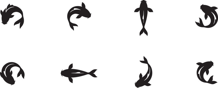 black koi fish silhouettes in different orientations. silhouette icons vector