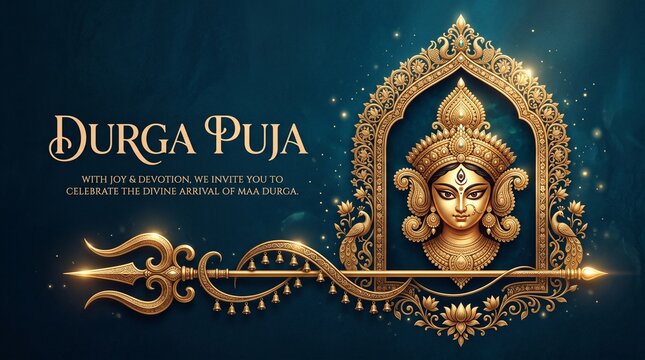 Elegant durga puja invitation with golden goddess face and peacock