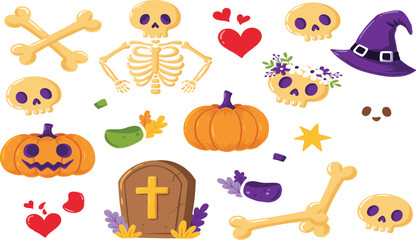 Obraz premium Cute Halloween Skeleton Vector Element Set with Spooky Skulls, Crossed Bones, Graveyard Tombstone, Purple Witch Hat, Jack O Lantern Pumpkins, and Romantic Hearts for Holiday Designs