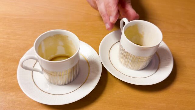 Close up view of hand placing empty espresso coffee cup on white saucer on wooden table.