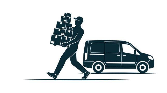 Delivery courier carrying a large stack of parcels walking towards a cargo van with delivery shipping logistics transportation business distribution commerce carrying transport shipment