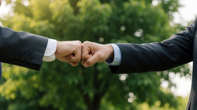 Two men in suits do fist bump outdoors with blurred trees in background. Pro partners celebrate success. Gesture shows agreement, teamwork, and collaboration.