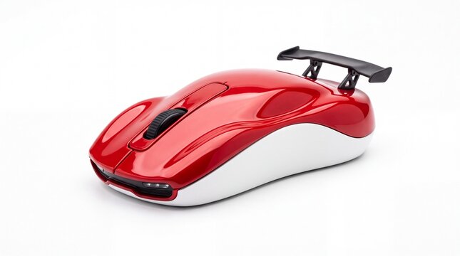 Shiny red computer mouse shaped like a fast sports car with rear spoiler on white background