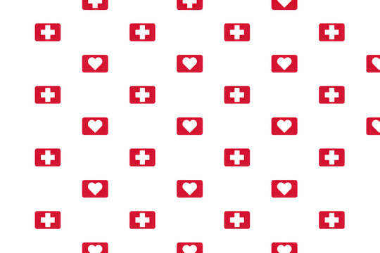 Repeating pattern of red medical crosses and heart symbols on a white background, for healthcare visuals, isolated on a, transparent background