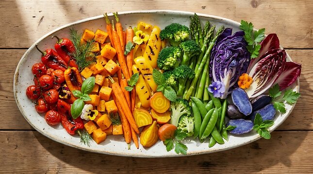 Fresh rainbow vegetable platter with roasted colorful organic vegetables served on a rustic wooden table. rainbow meal presentation