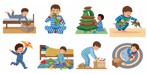 Cute Little Boy in Striped Pajamas Playing with Dinosaur Toys Set. Cartoon character collection of a child having fun, sleeping, and playing with toy dinosaurs at home. © Moises
