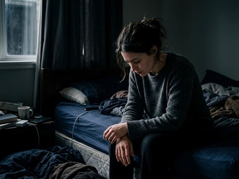 Depressed Person. Mental Health, depression, loneliness, seasonal affective disorder, anxiety, and psychological trauma. Hopelessness, sadness, vulnerability, and emotional exhaustion