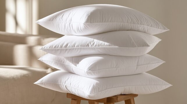 Soft white pillows stacked on wooden stool with natural sunlight in cozy modern living room background