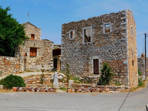 Traditional architecture fortified stone houses at Mani, Greece