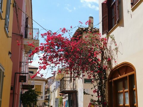 Nafplio, Greece, June 4, 2021. View of a narrow old town street