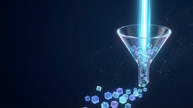 Glass Funnel Filtering Light Beam into Glowing Digital Data Blocks 3D Render