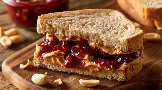 Close-up of classic peanut butter and jelly sandwich on whole wheat bread with scattered peanuts on wooden board