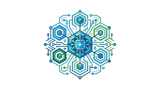 Creative Abstract Technology Network with Hexagonal Nodes Circuit Lines and Colorful Arrows in Modern Design
