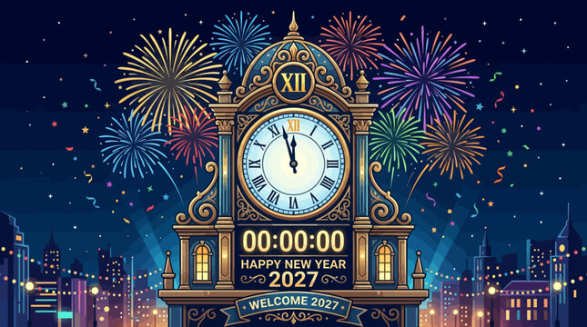 Festive 2027 New Year celebration with vintage clock striking midnight and colorful fireworks.
