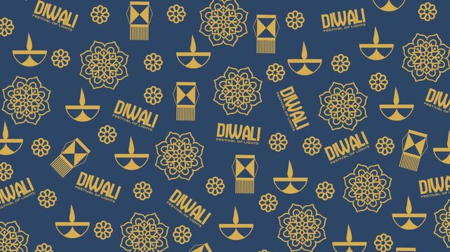 Diwali Festival of Lights looping pattern animation featuring repeated gold diya lamps, rangoli motif, geometric lanterns, and Diwali lettering on dark blue background, ideal for festive backgrounds.