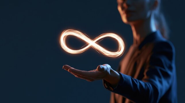 Close up of businesswoman holding glowing light infinity symbol isolated on dark blue background