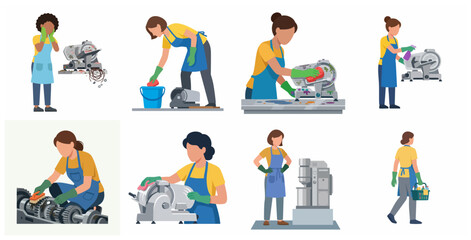 Fototapeta premium Set of vector illustrations showing women workers cleaning and maintaining industrial kitchen machinery and gears