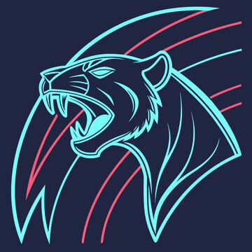 Saber toothed cat logo highlighted with neon lines in futuristic theme vector illustration