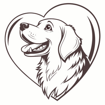 Smiling golden retriever logo framed within a heart outline vector illustration