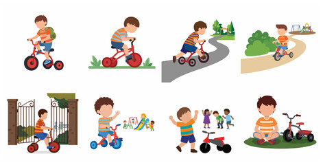 Fototapeta premium Cartoon Illustration Set of a Young Boy Riding a Red Tricycle and Playing Outdoors at the Park